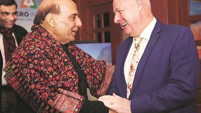 Defence Minister Rajnath Singh (left) at the ambassadors’ round table for Aero India 2023, in New Delhi on Monday. Photo: PTI Defence Minister Rajnath Singh (left) at the ambassadors’ round table for Aero India 2023, in New Delhi on Monday. Photo: PTI