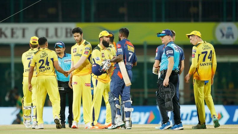 IPL 2023 Chennai Superkings celebrating win during match 6 of the Tata Indian Premier League between the Chennai Super Kings and the Lucknow Super Giants held at the MA Chidambaram Stadium, Chennai on the 3rd April 2023 Photo by: Saikat Das / SPORTZPICS for