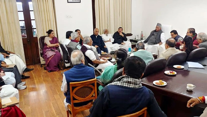 Opposition MPs attend the meeting led by Leader of Opposition in Rajya Sabha Mallikarjun Kharge to chalk out the strategy for the floor of the House amid row over Adani stocks during the ongoing budget session, at LoP's parliament office, in New De Opposition MPs attend the meeting led by Leader of Opposition in Rajya Sabha Mallikarjun Kharge to chalk out the strategy for the floor of the House amid row over Adani stocks during the ongoing budget session, at LoP's parliament office, in New De